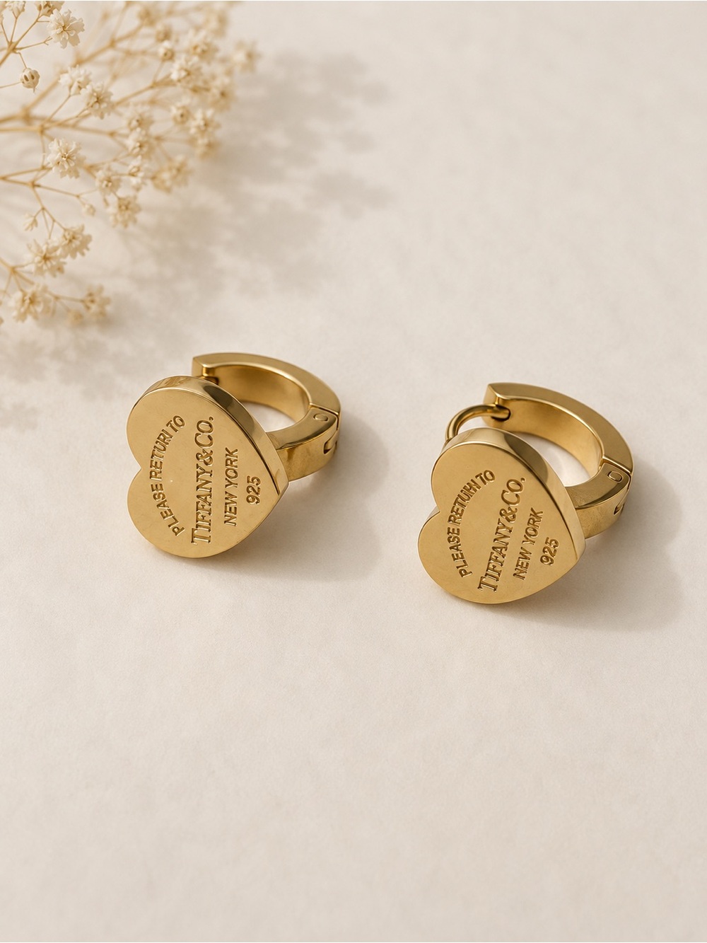 Gold Plated Heart Tag Huggie Earrings Luxury inspired Stainless Steel